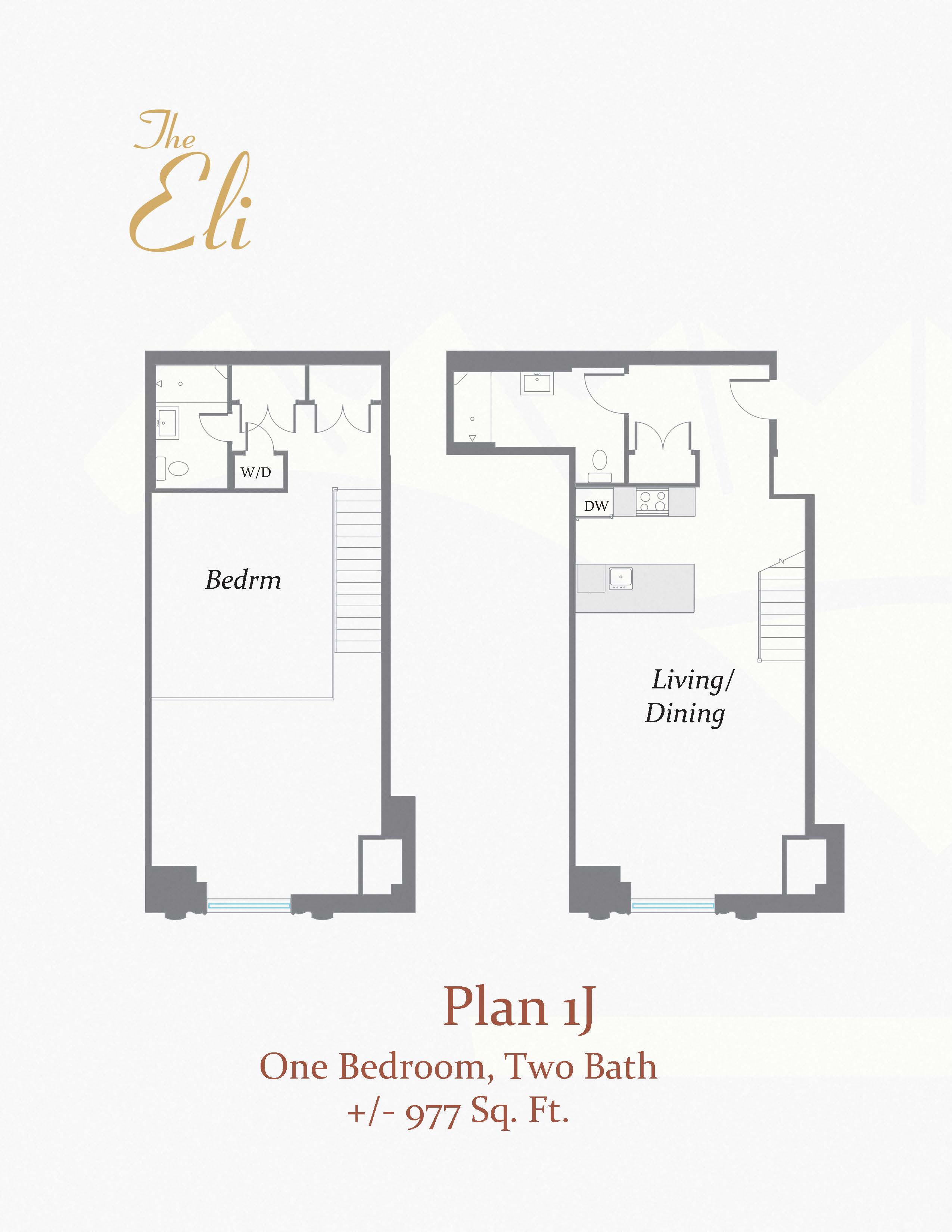 Floor plan for 1 bed, 2 baths, 977 sqft